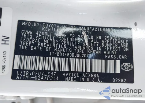 2013 Toyota Avalon Hybrid Xle Touring z USA, uszkodzony, nr VIN 4T1BD1EB3DU002073